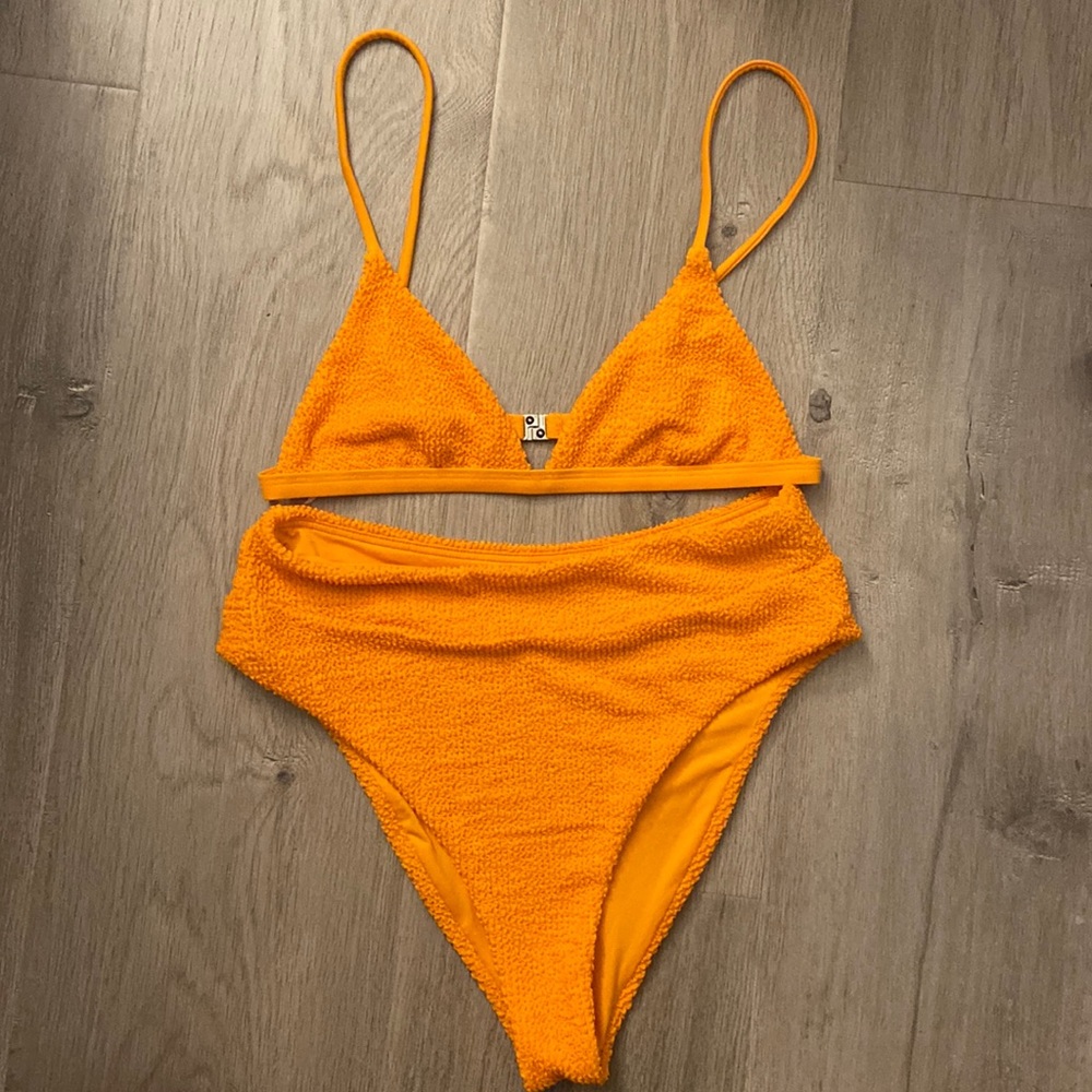 Textured Orange High-Waist Bikini Set - Vibrant Triangle Top